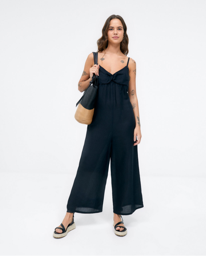 Straps long jumpsuit. Draped. Plain Black