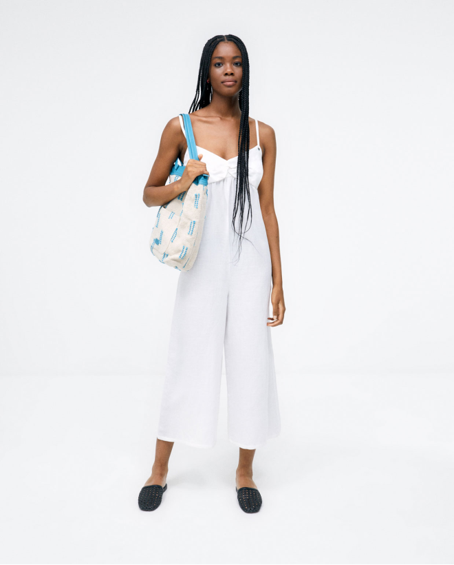 Straps long jumpsuit. Draped. Plain White