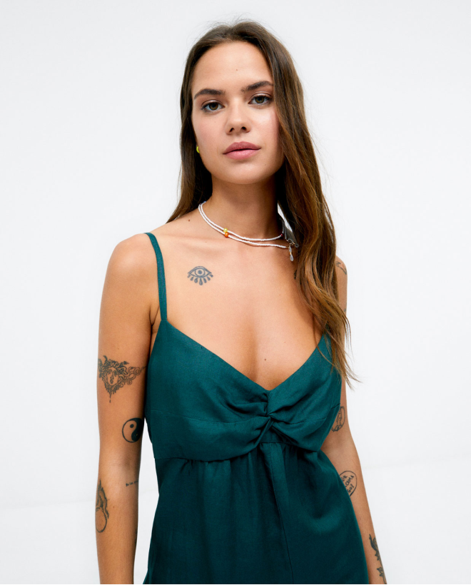 Straps long jumpsuit. Draped. Plain Khaki