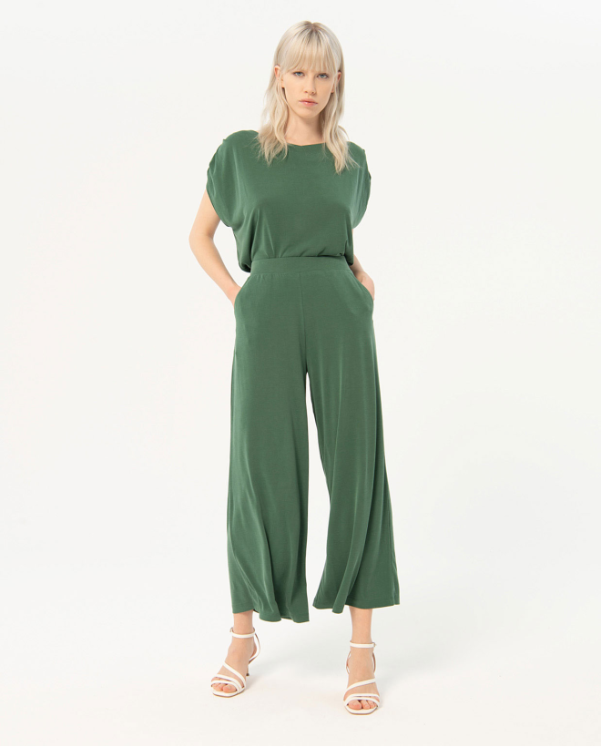 Wide and elastic plain cropped pants Khaki