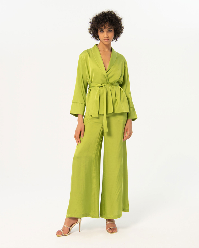 Chaqueta kimono satinada lisa Verde