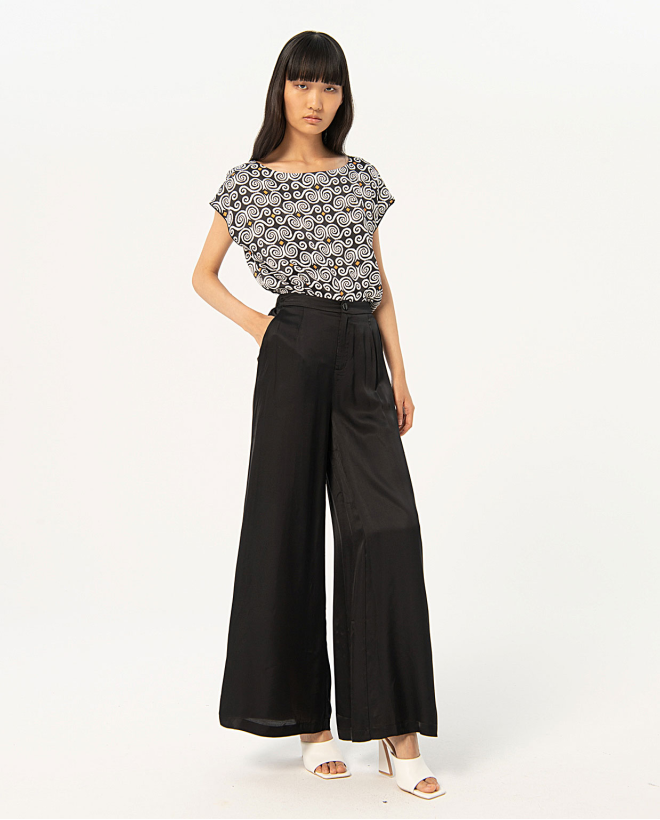 Pantalón ancho satinado liso Negro