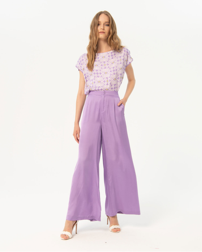 Pantalón ancho satinado liso Lila