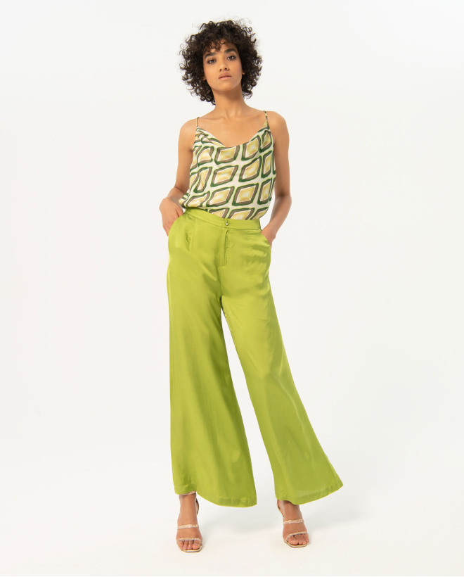 Pantalón ancho satinado liso Verde