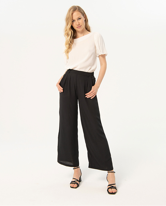 Pantalón largo ancho de crepe liso Negro