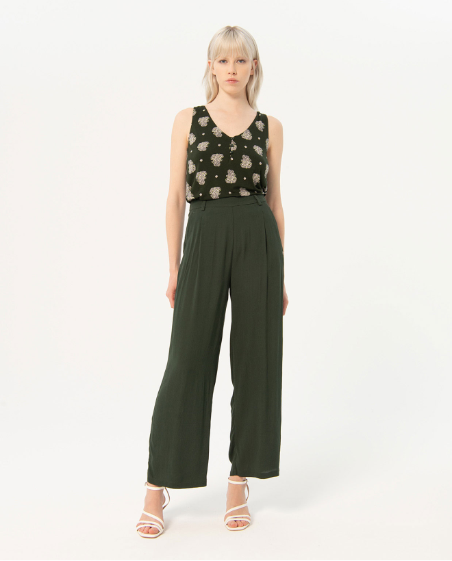 Pantalón largo ancho de crepe liso Kaki