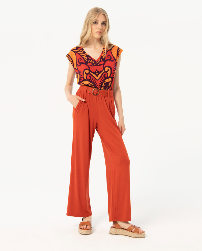 Pantalón largo elástico liso Teja