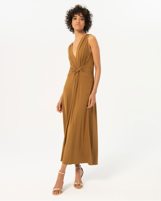 Vestido largo nudo delantero liso Tabaco