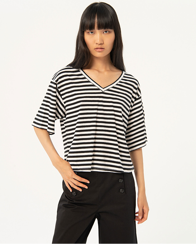 Camiseta algodón amplia a rayas Negro