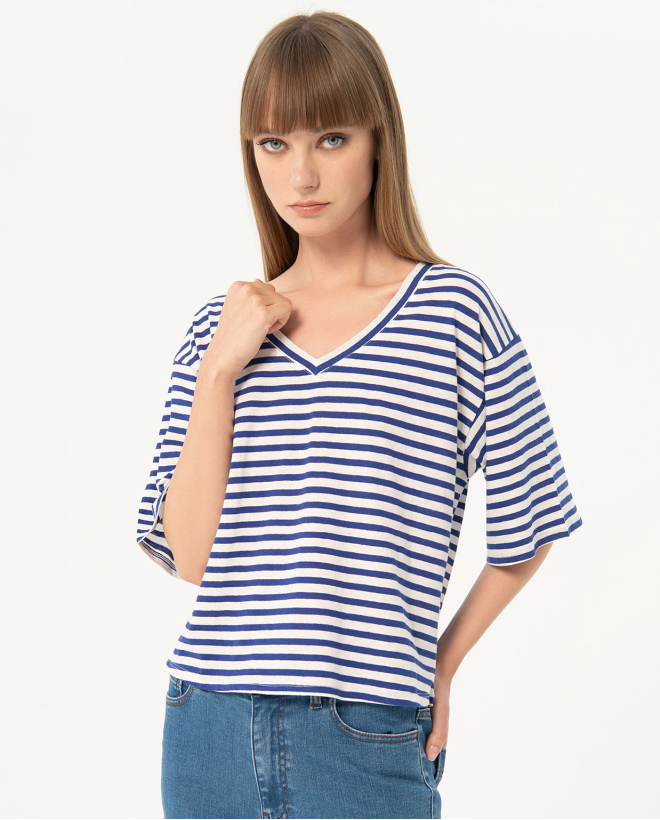 Camiseta algodón amplia a rayas Azul