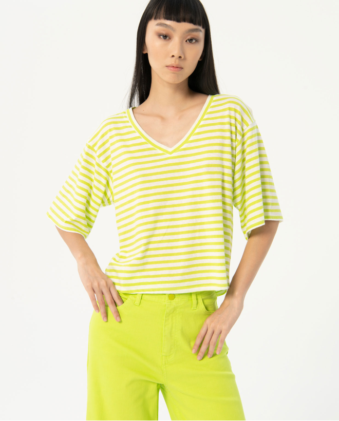 Camiseta algodón amplia a rayas Verde