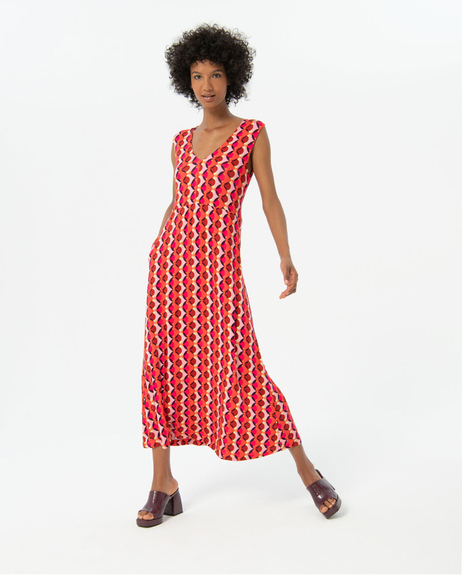Vestido largo escote V estampado Fucsia