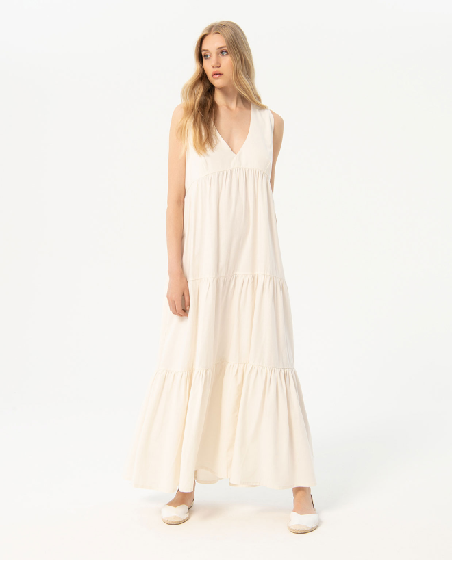 Vestido largo con volantes sin mangas Blanco