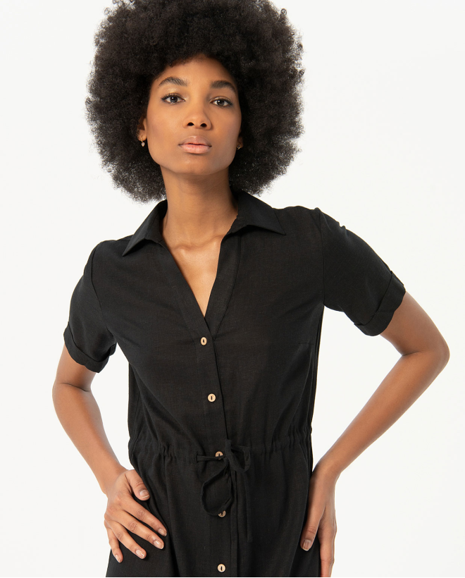 Vestido midi camisero con cinturón liso Negro