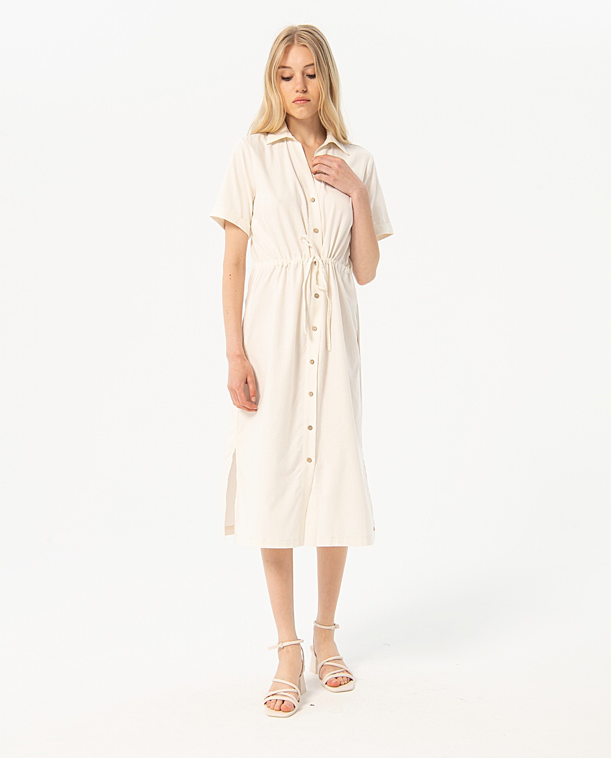 Vestido midi camisero con cinturón liso Blanco