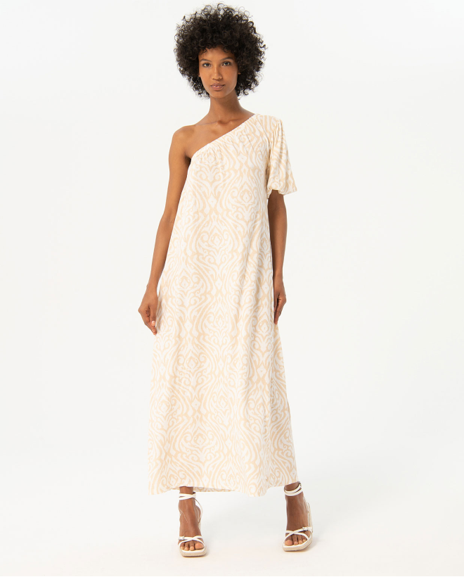 Vestido largo escote asimétrico estampado Crudo