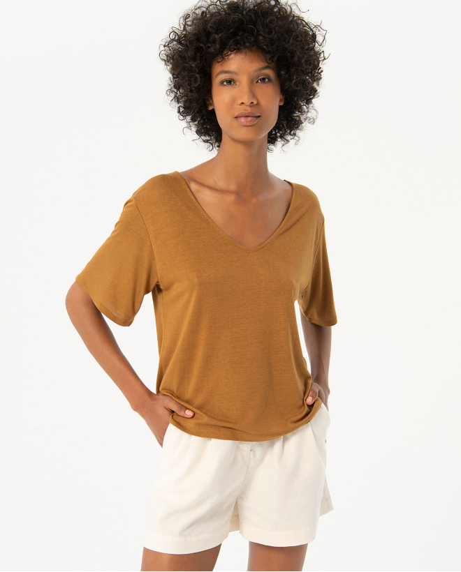 Camiseta ancha de manga corta lisa Camel Claro