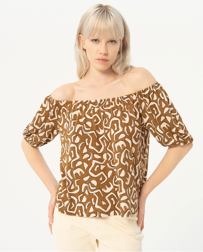 Printed bardot neckline blouse Khaki