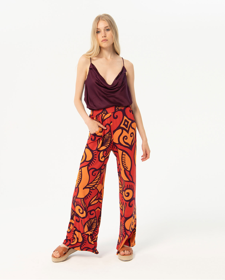 Pantalón largo ancho y elástico estampado Naranja