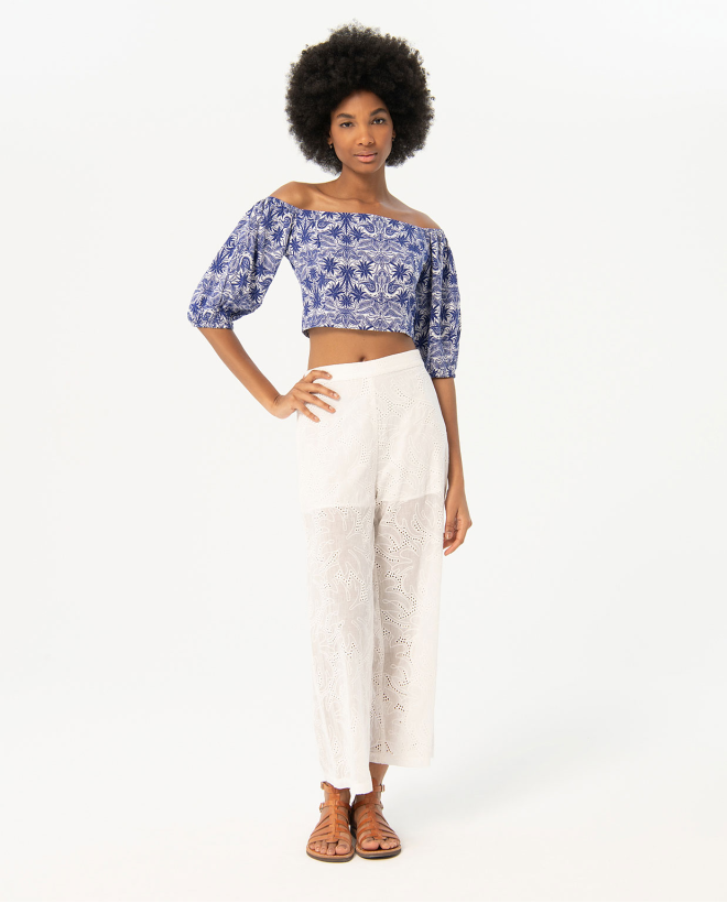 Pantalón largo bordado y calado liso Blanco