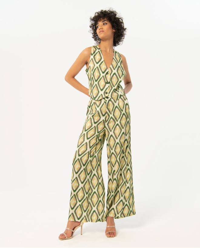 Pantalón flare satinado y estampado Verde