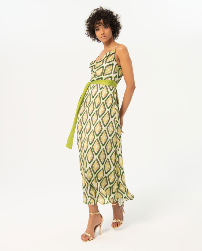 Vestido largo satinado estampado Verde