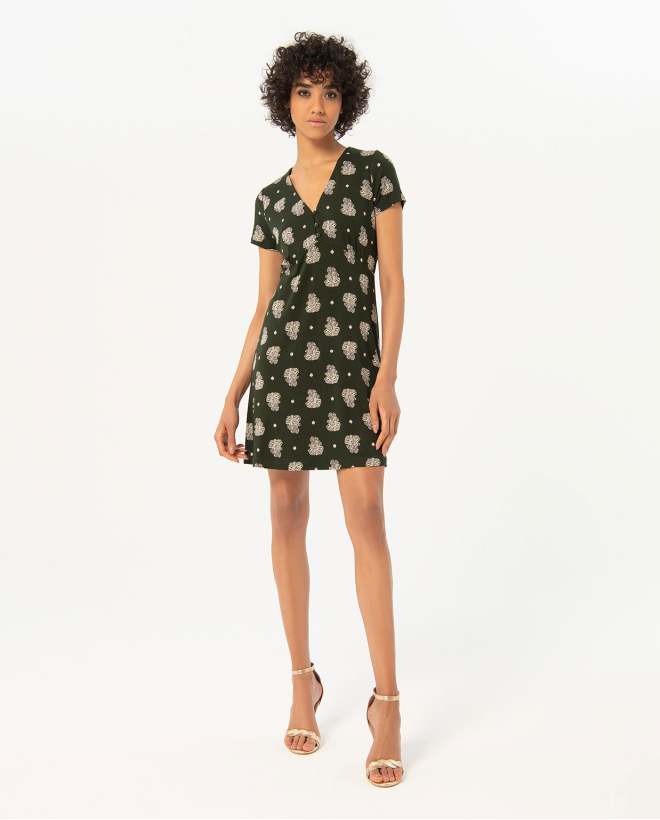 Vestido corto escote V estampado Kaki