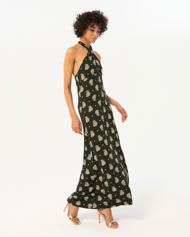 Vestido largo cuello halter estampado Kaki