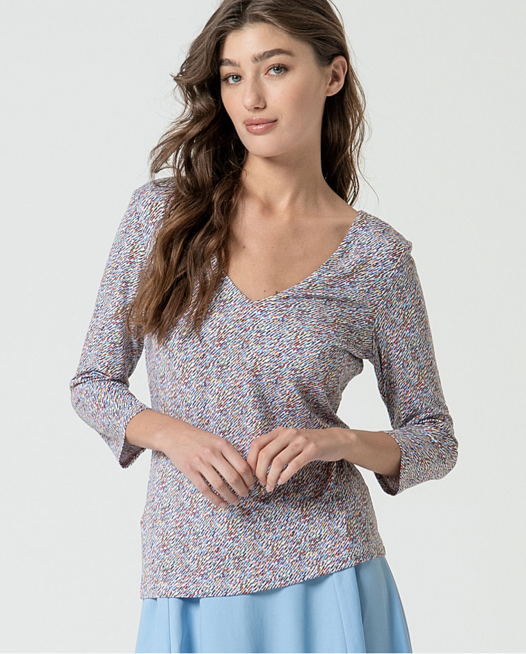 MU:V-neck T-shirt 3/4 sleeves Blue