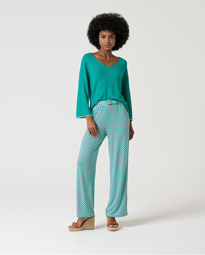 MU:Straight pants with belt Aqua green