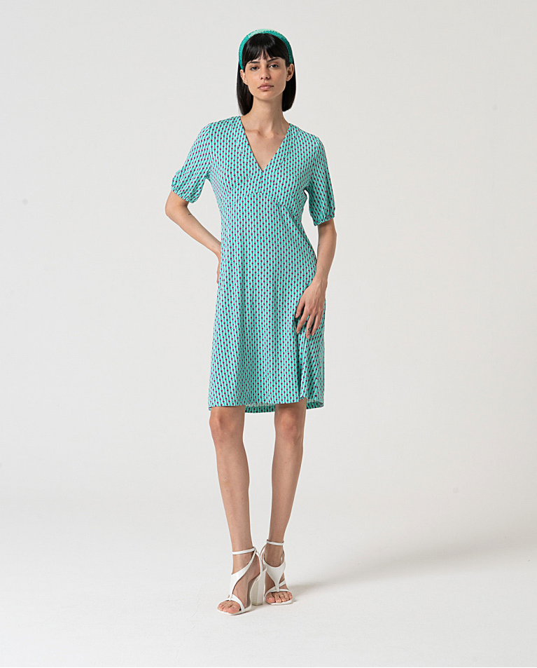 MU:V-neck dress with elbow-length sleeves Aqua green