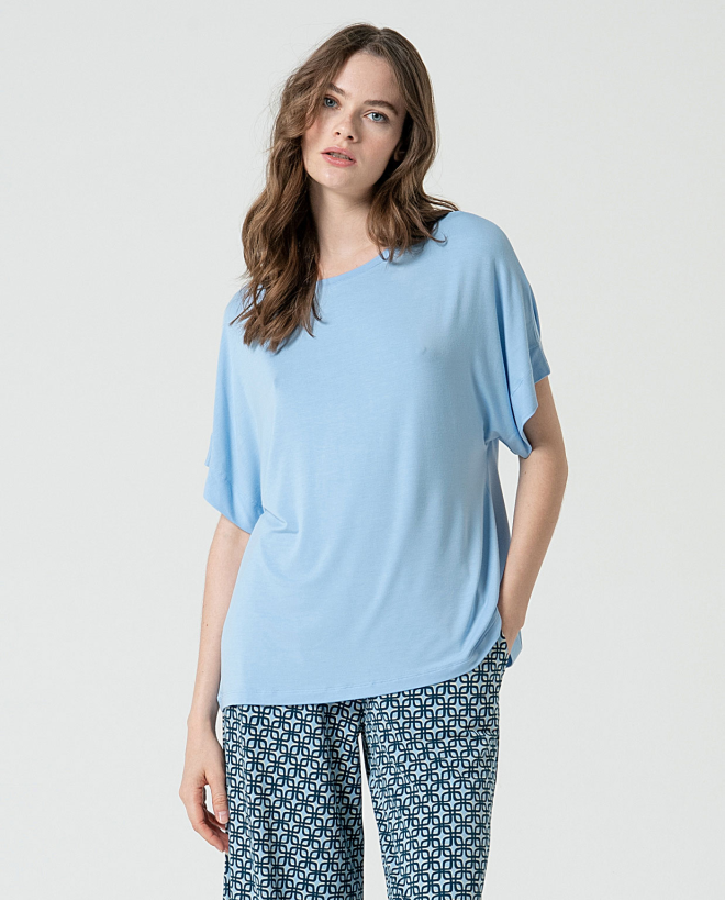 MU:Camiseta oversized com decote canoa Azul-celeste
