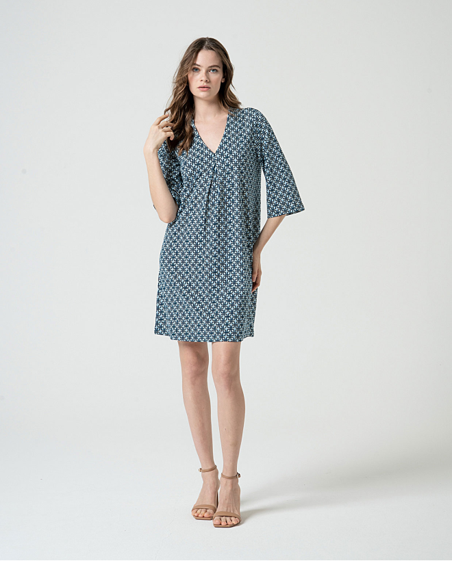 MU:V-neck dress with flared sleeves Blue