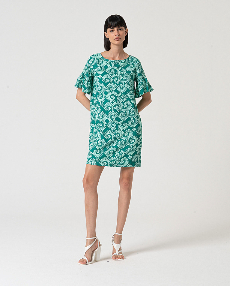 MU:Vestido curto reto com manga curta flare Verde água