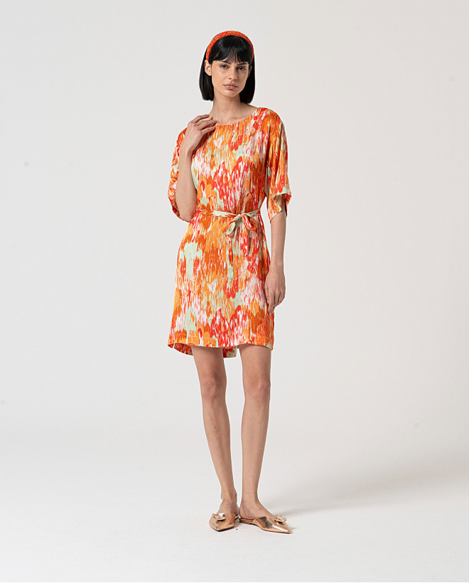 MU:Tunic dress with boat neck and 3/4 sleeves Multi