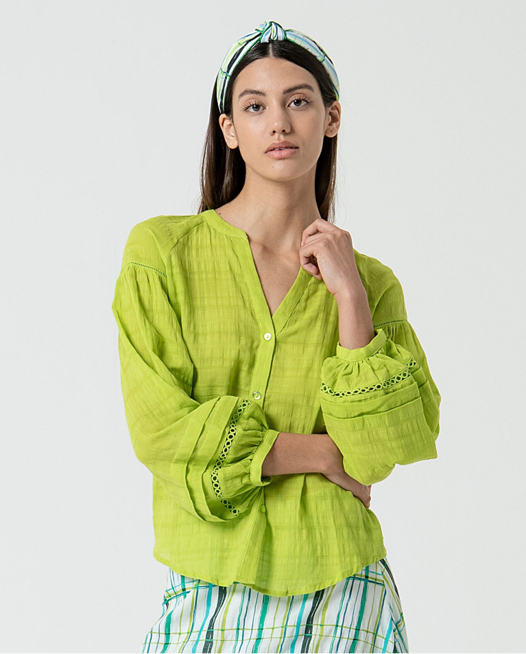 MU:Blusa gola mandarim aberta com mangas bufantes Verde ácido