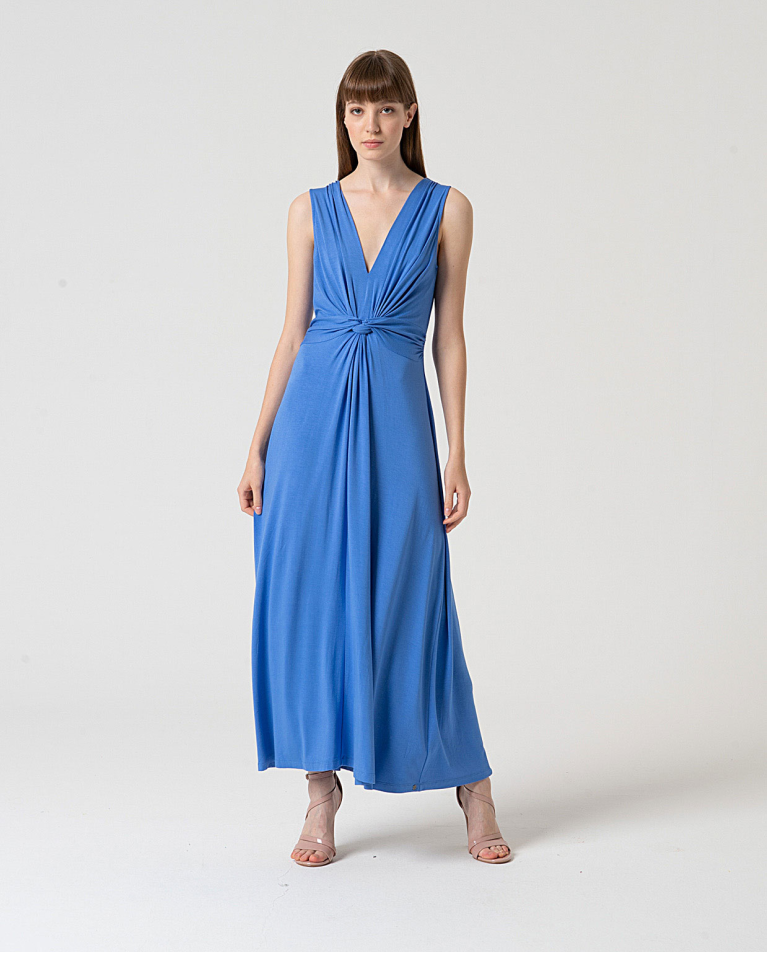 MU:Vestido de alças com detalhe de nó na cintura Azul