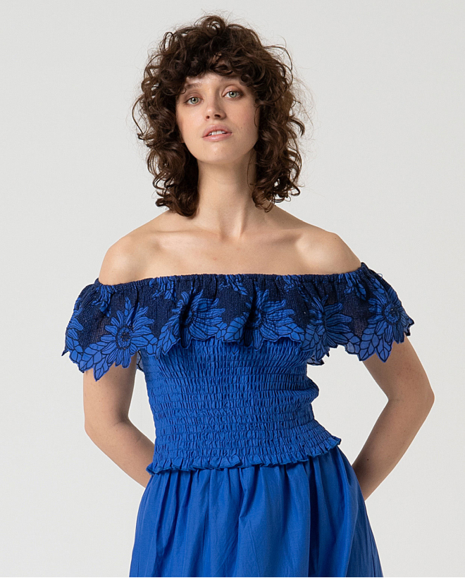 MU:Top bardot com babado Azul Cobalto