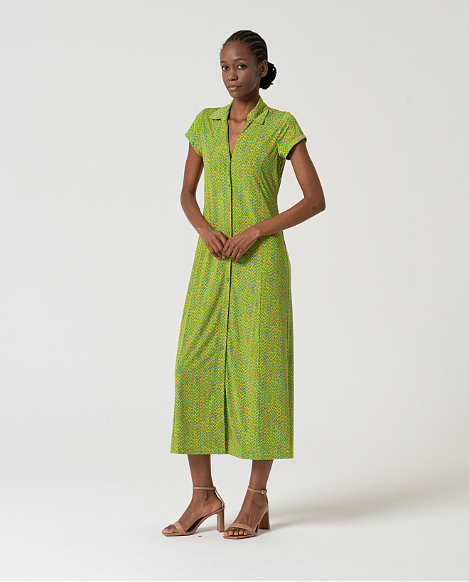 MU:Vestido chemise longo de manga curta Verde ácido