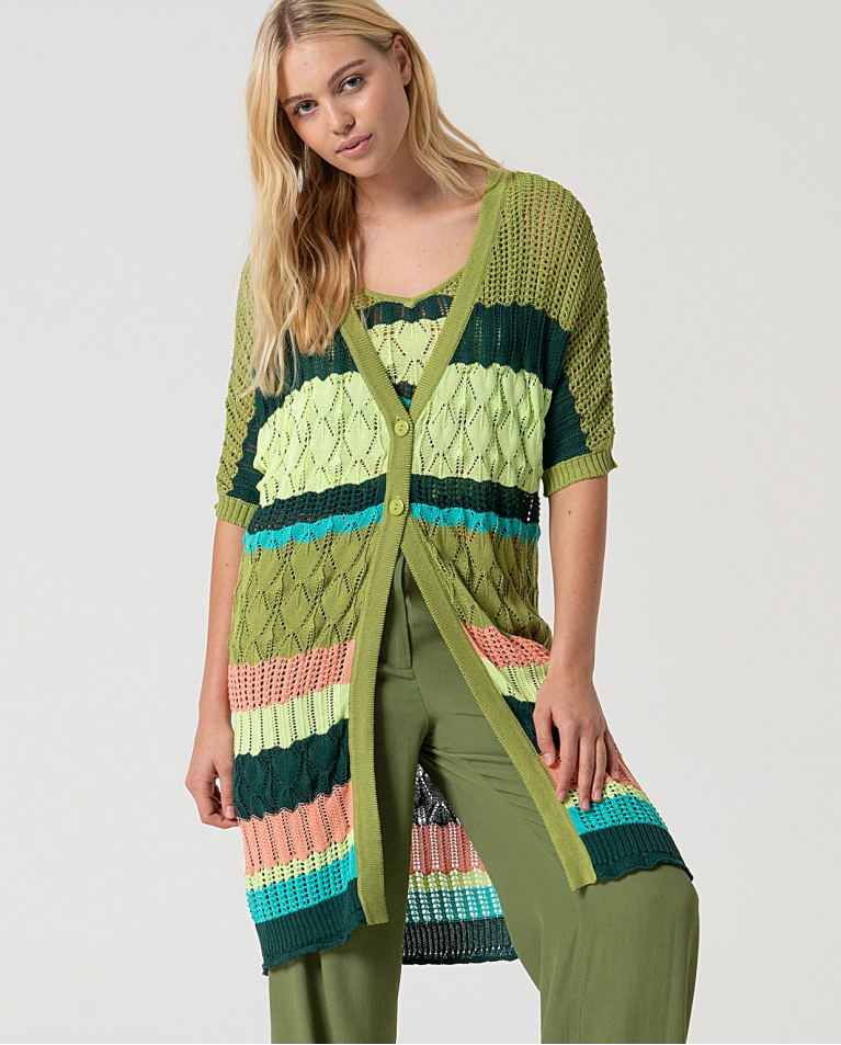 MU:Cardigan longo de crochê abotoado Verde