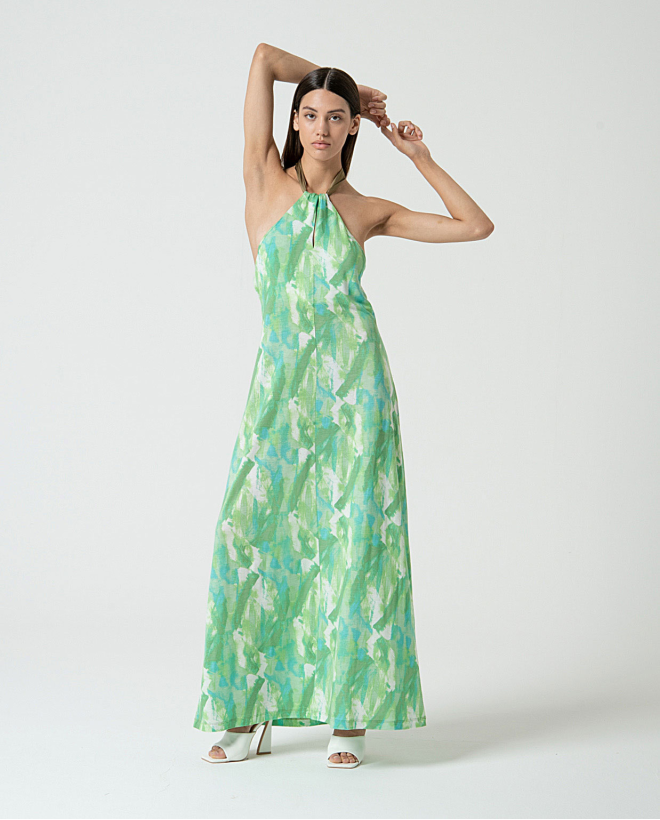 MU:Vestido longo gola halter cruzada Verde