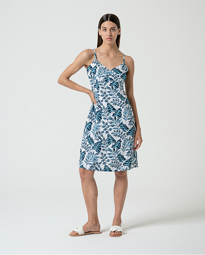 MU: Vestido corto de tirantes con escote fruncido Azul
