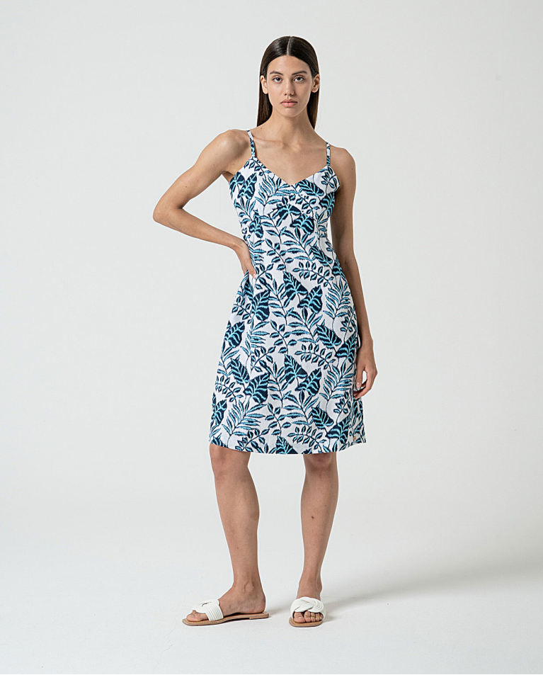 MU:Vestido curto de alças com decote franzido Azul