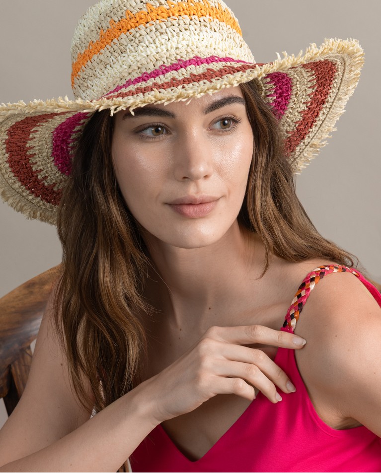 Striped straw hat Fuchsia