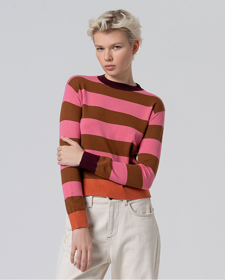 Jersey cuello redondo a rayas Rosa