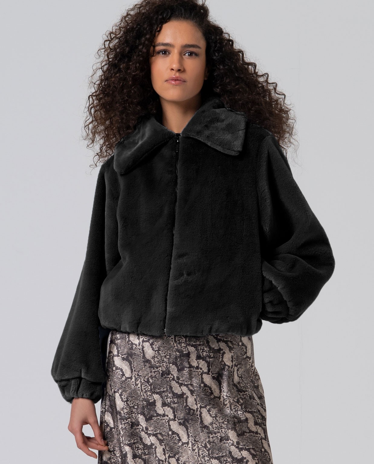 Plush fabric bomber jacket Black