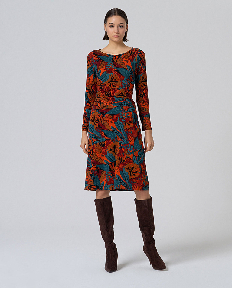Vestido midi elástico con cintura fruncida Teja