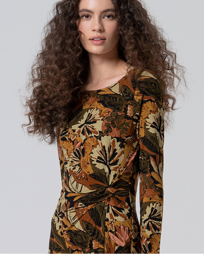 Vestido midi elástico con cintura fruncida Kaki