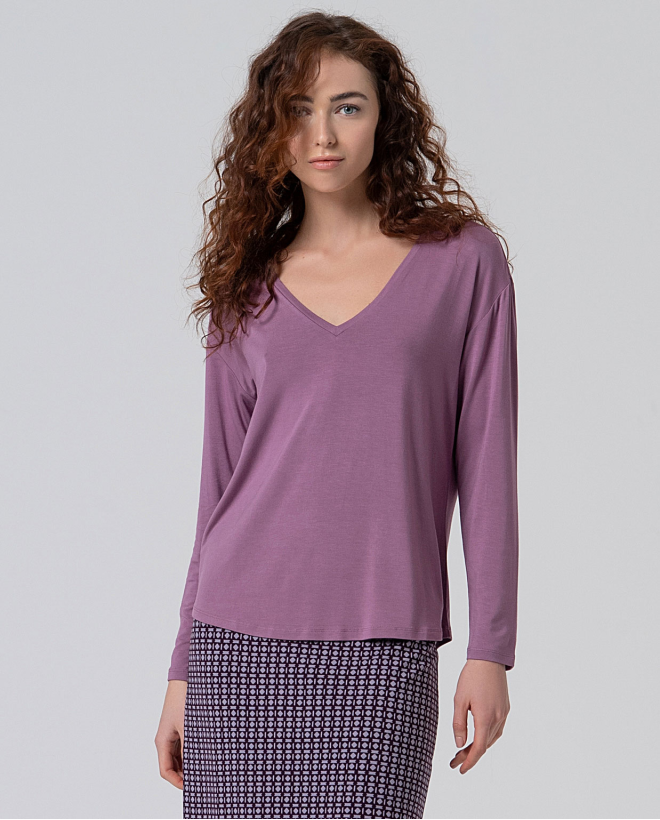 Camiseta escote V de viscosa bambú Ciruela