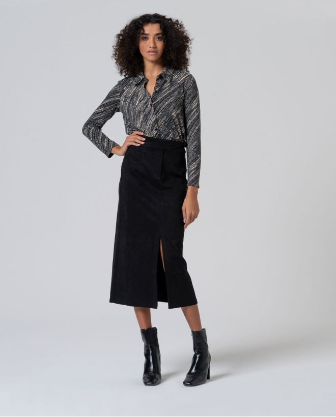 Falda elástica midi aterciopelada Negro